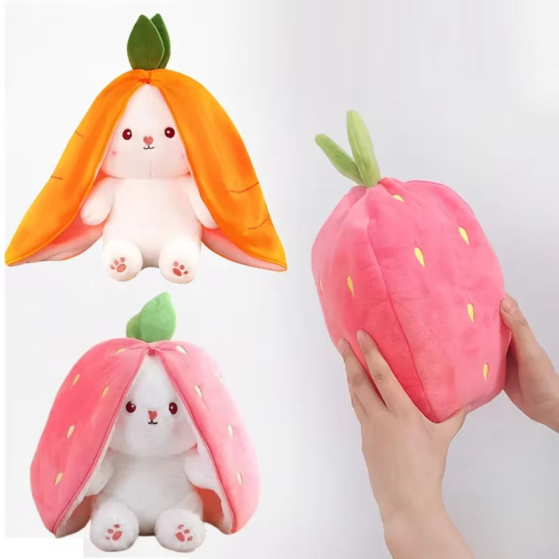 25Cm Cute Strawberry Carrot Rabbit Plush Toy Stuffed Creative into Fruit Transform Baby Cuddly Bunny Doll for Kid Birthday Gift