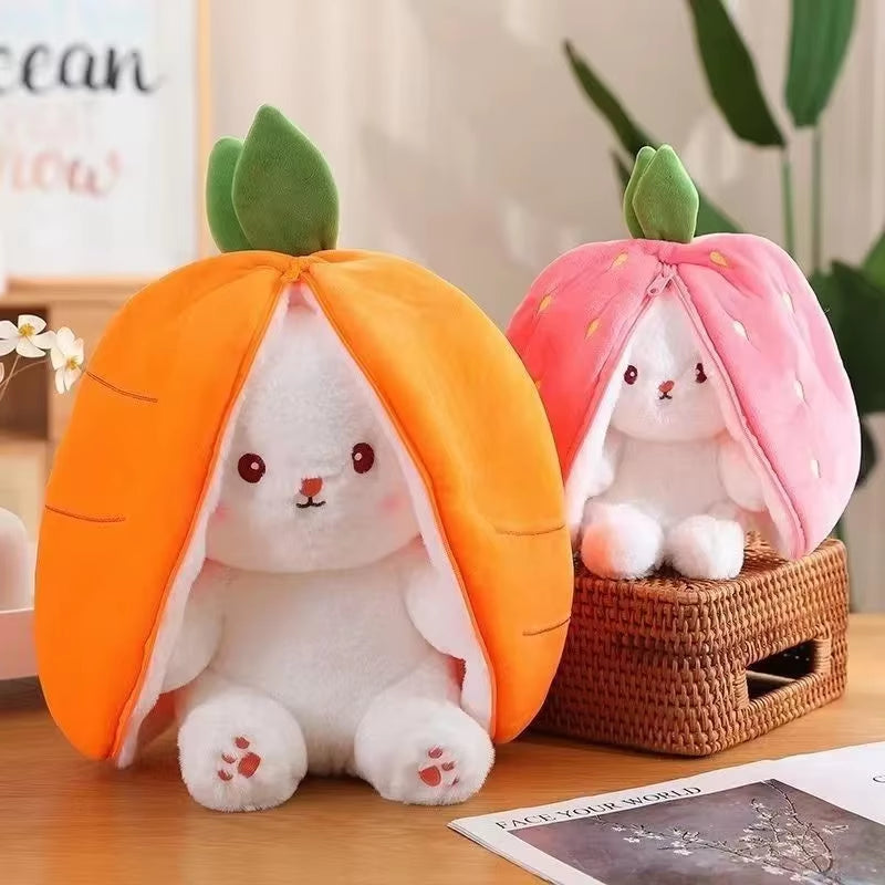 25Cm Cute Strawberry Carrot Rabbit Plush Toy Stuffed Creative into Fruit Transform Baby Cuddly Bunny Doll for Kid Birthday Gift